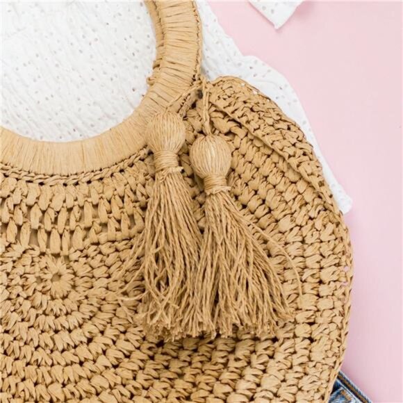 Women's Summer Casual Large Capacity Circle Round Rattan Tassel Carry All Straw - Picture 4 of 4